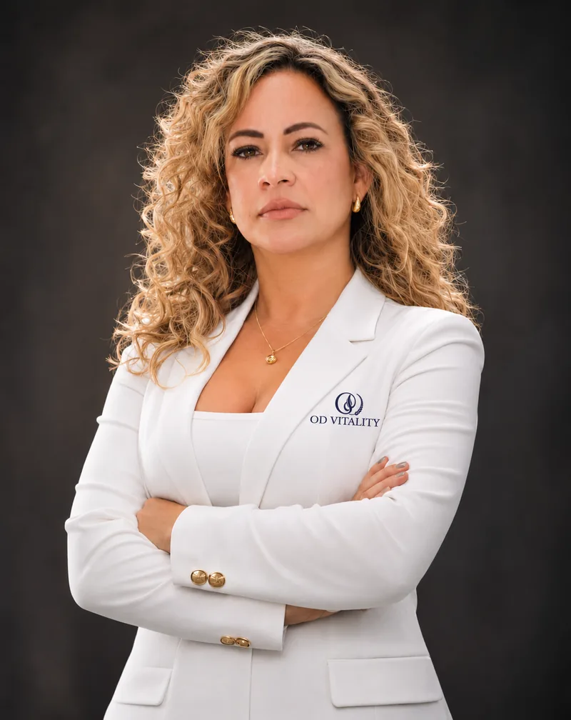 Obdelis Dominguez Romero, nurse practitioner, in a white coat at the OD Vitality clinic in Miami Lakes